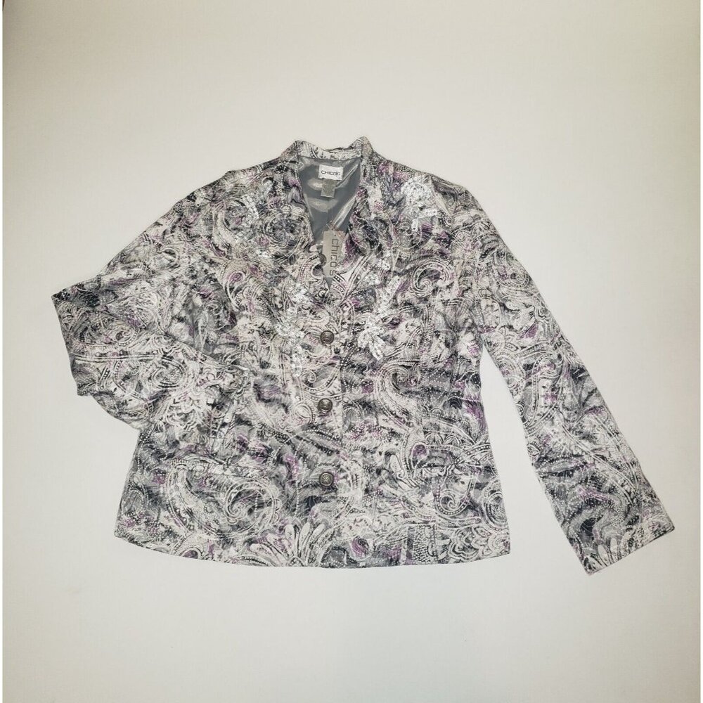 Chico's Parmenia Jacket Purple Pretty Print Silk Beaded Appliques Size 2 Large - Picture 15 of 16